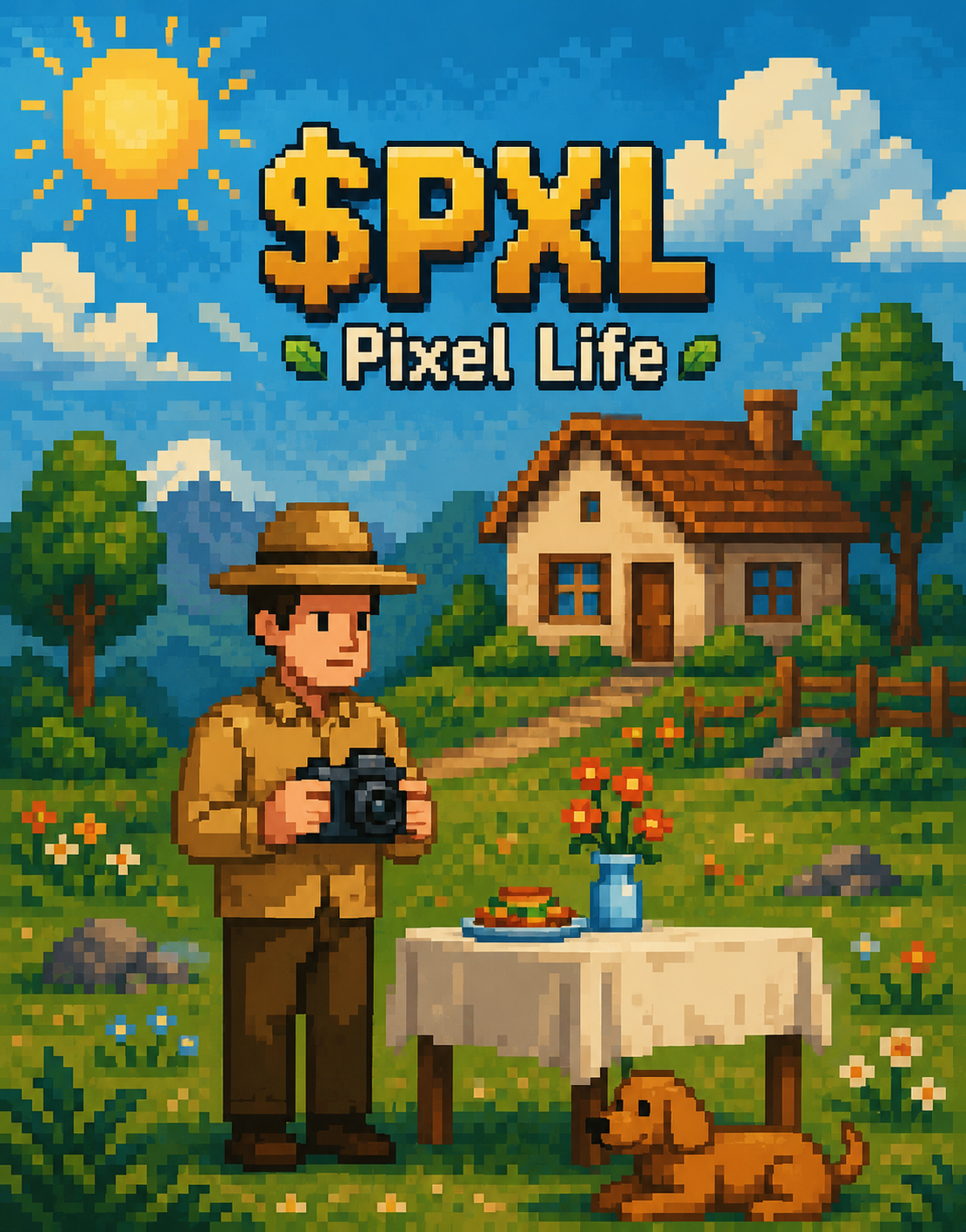 Pixel-art character holding a camera in a sunny countryside with a dog, house, and a table of food — the world of $PXL Pixel Life