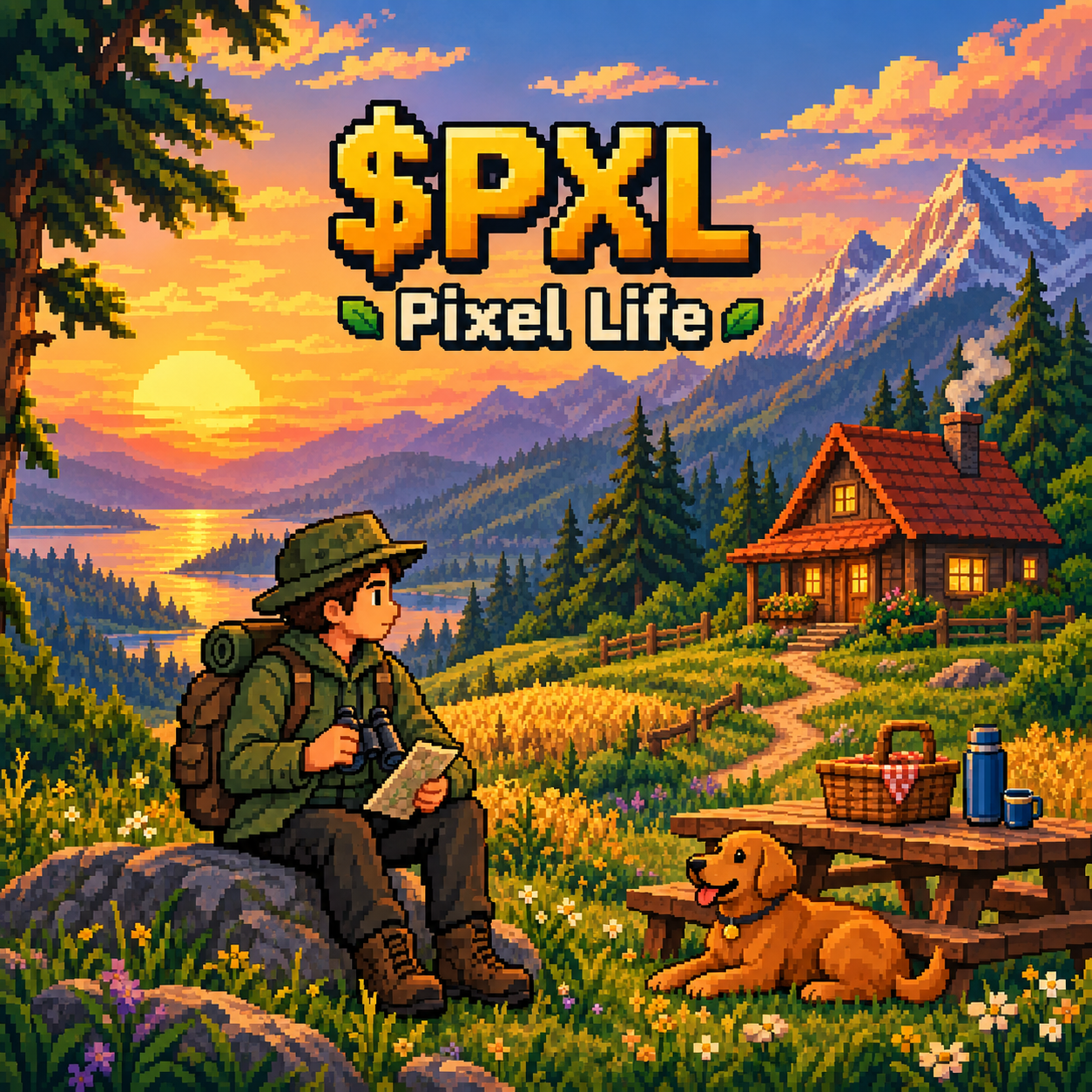 Pixel-art character holding a camera in a sunny countryside with a dog, house, and a table of food — the world of $PXL Pixel Life